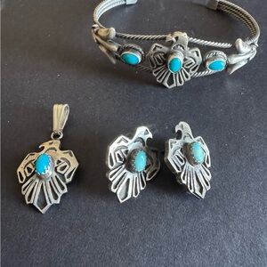 Native Made stamped and signed Turquoise Thunderbird Jewelry Set